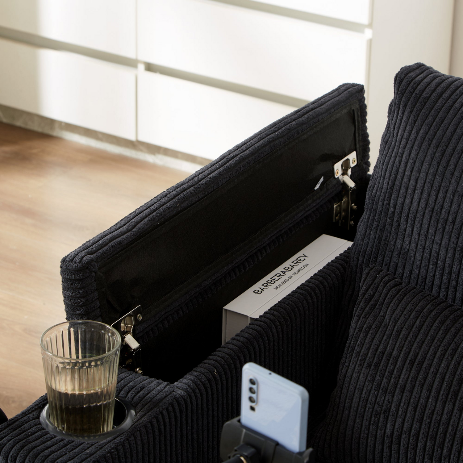 Start2Finish convertible chaise lounge sofa chair with USB ports, cup holders, phone holder, and storage in a modern design.