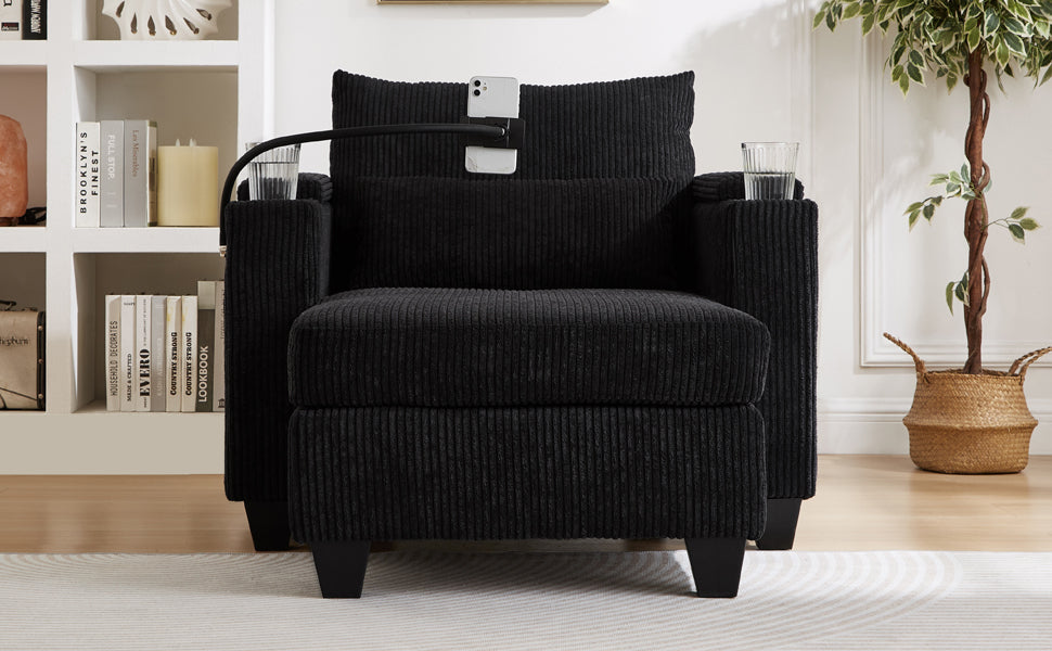 Start2Finish convertible chaise lounge sofa chair with built-in USB ports, cup holders, phone holder, and storage space.