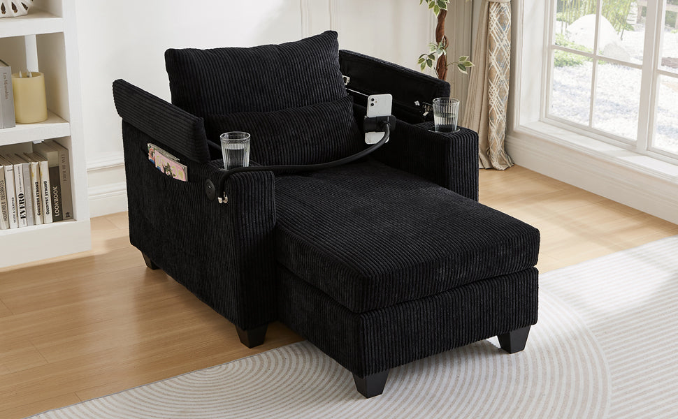 Start2Finish convertible chaise lounge sofa chair with USB ports, cup holders, phone holder, and storage in a modern living room setting.