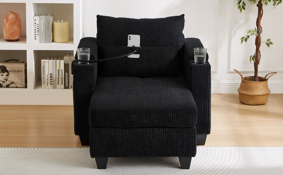 Start2Finish convertible chaise lounge sofa chair with USB ports, cup holders, phone holder, and built-in storage.