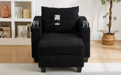 Start2Finish convertible chaise lounge sofa chair with USB ports, cup holders, phone holder, and built-in storage.