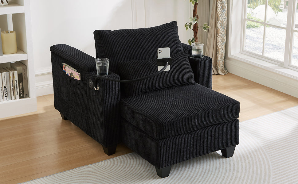 Start2Finish convertible chaise lounge sofa chair with USB ports, cup holders, phone holder, and storage in a modern design.