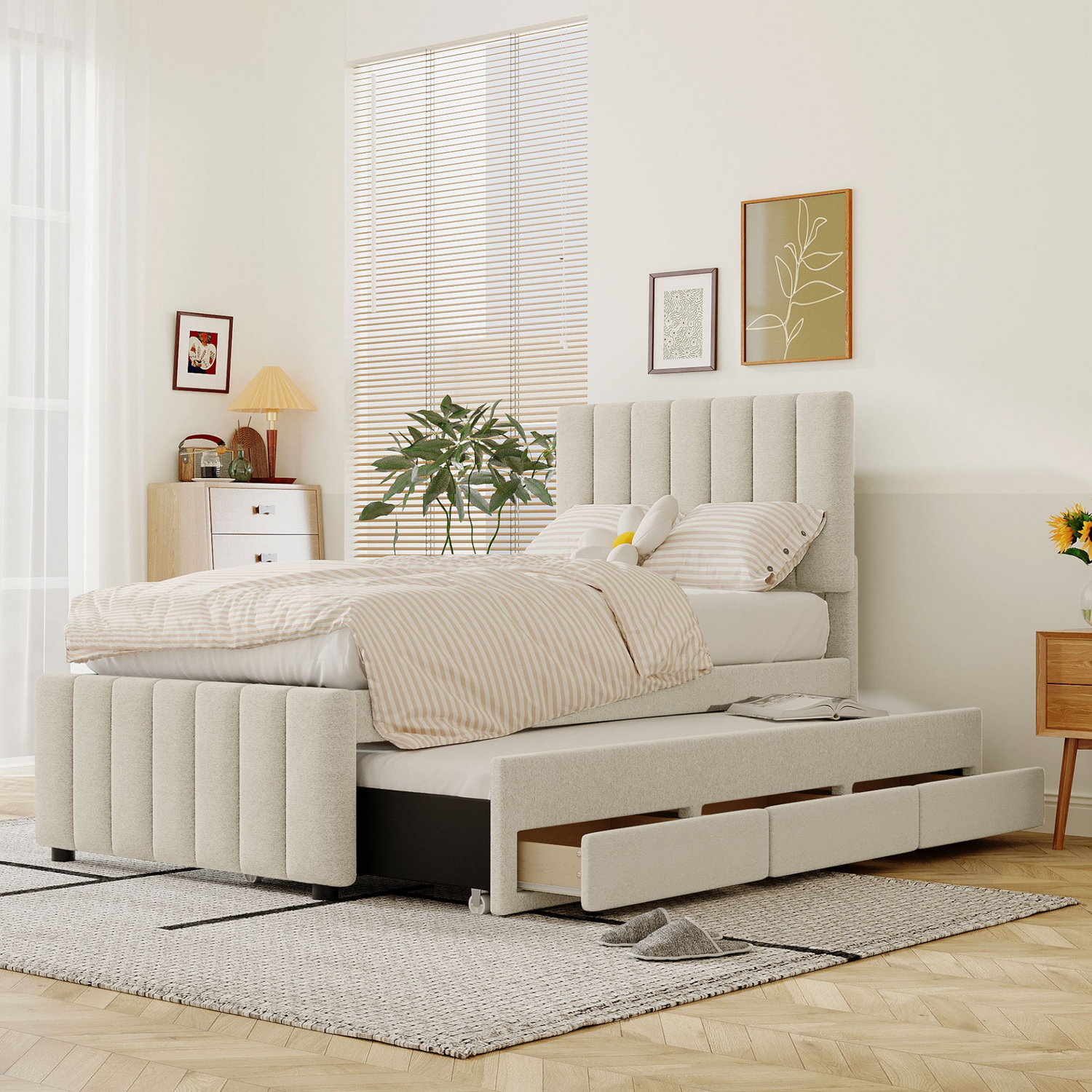 Upholstered platform bed with linen fabric finish, featuring a trundle and three storage drawers, by Start2Finish.