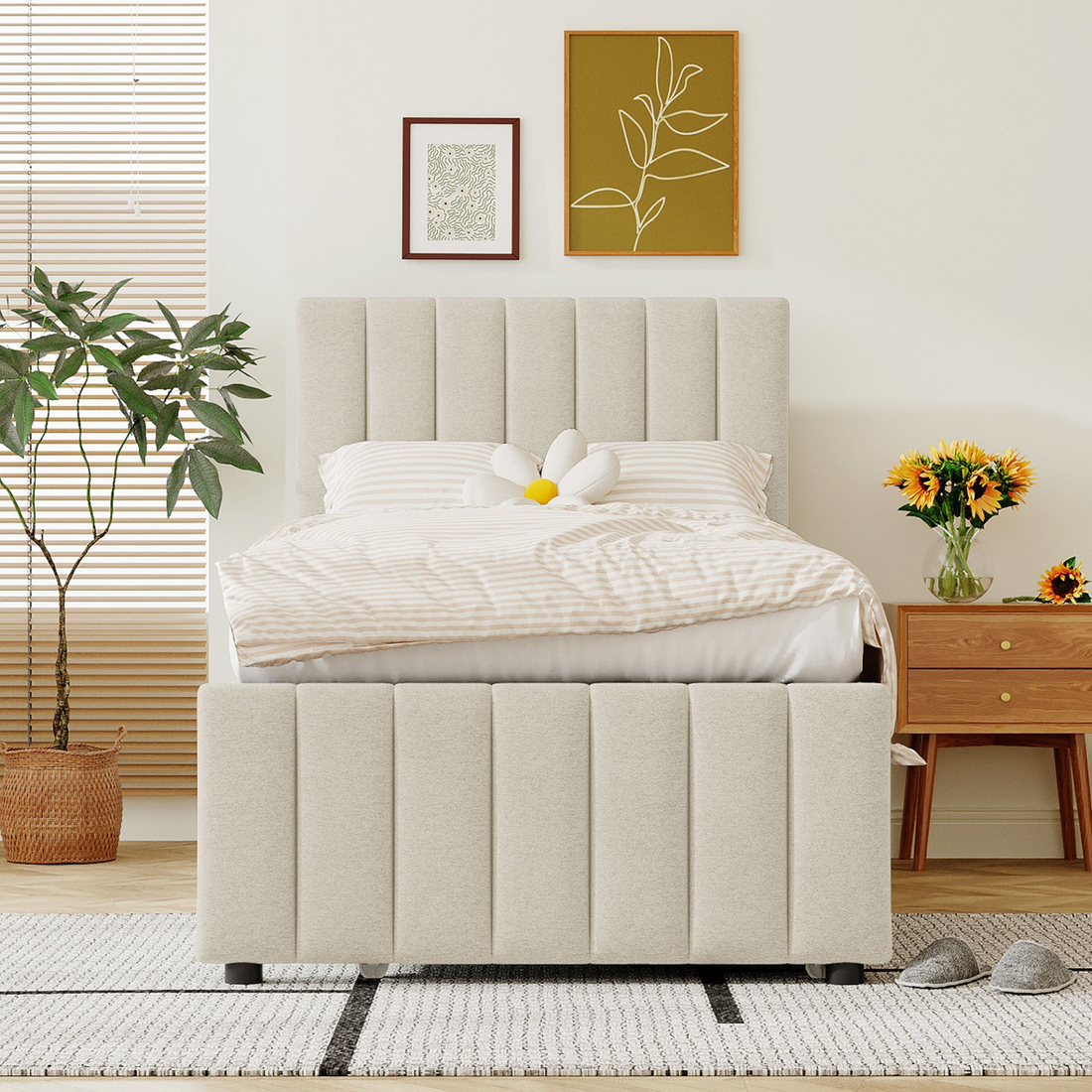 Start2Finish upholstered platform bed with trundle, three drawers, linen fabric finish, showcasing a modern bedroom setup