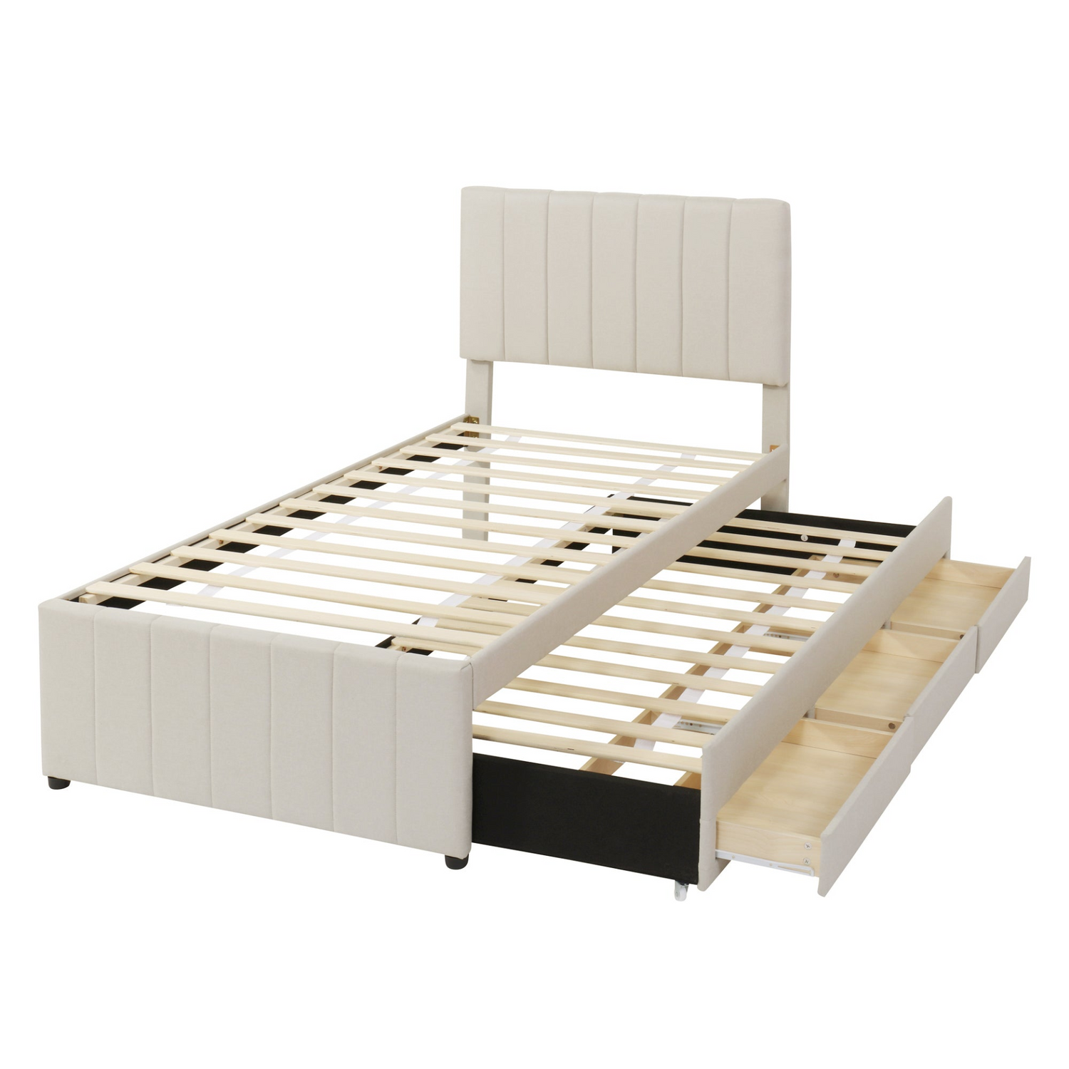Start2Finish upholstered platform bed with trundle, three drawers, linen fabric finish, showcasing the sleek, modern design.