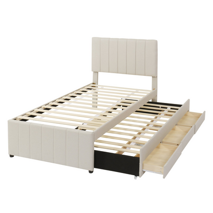 Start2Finish upholstered platform bed with trundle, three drawers, linen fabric finish, showcasing the sleek, modern design.