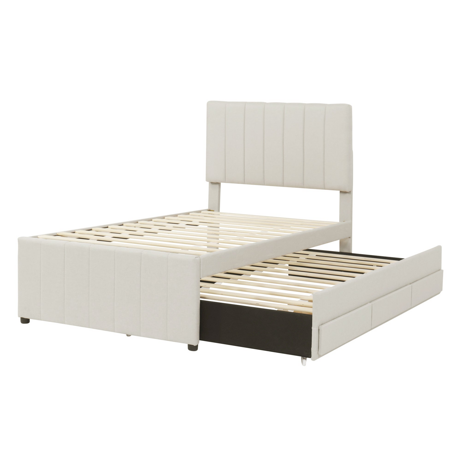 Start2Finish upholstered platform bed with trundle, three drawers, linen fabric finish, showcasing the bed frame and storage features.