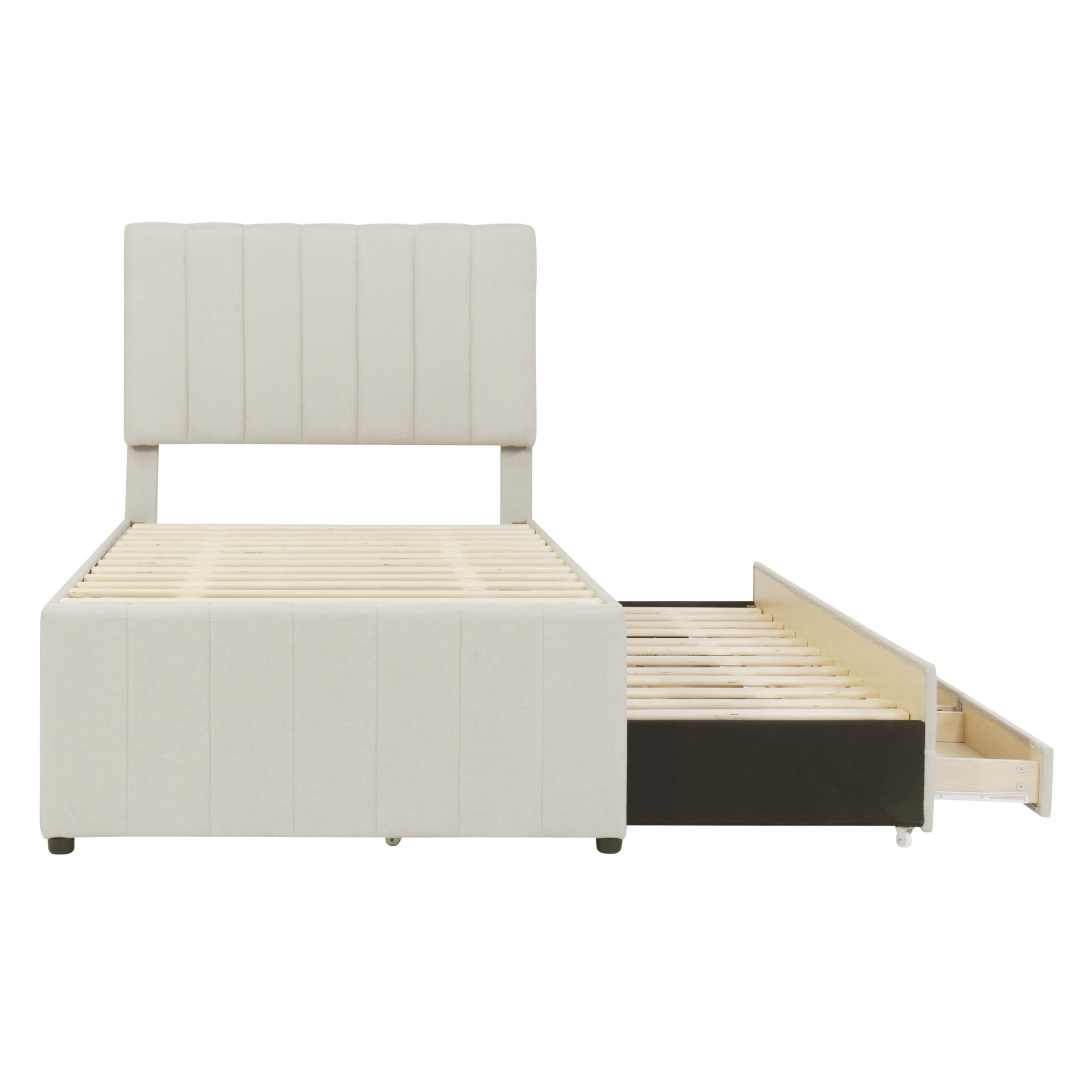 Start2Finish linen fabric upholstered platform bed with trundle and three storage drawers, showcasing a modern bedroom setup.