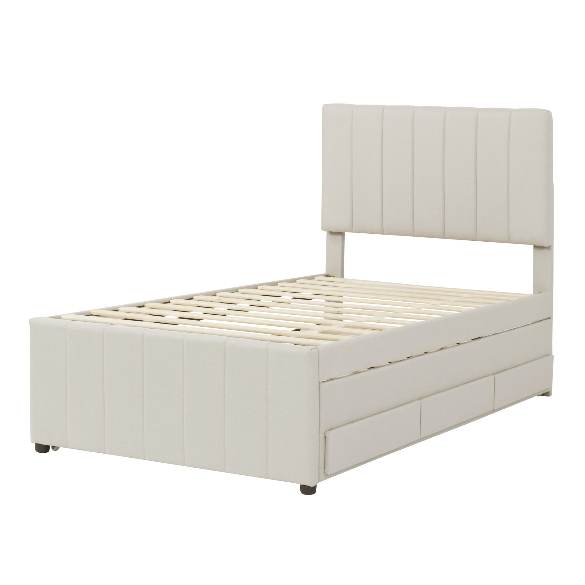 Start2Finish upholstered platform bed with trundle, three drawers, linen fabric finish, showcasing the bed frame and storage features.