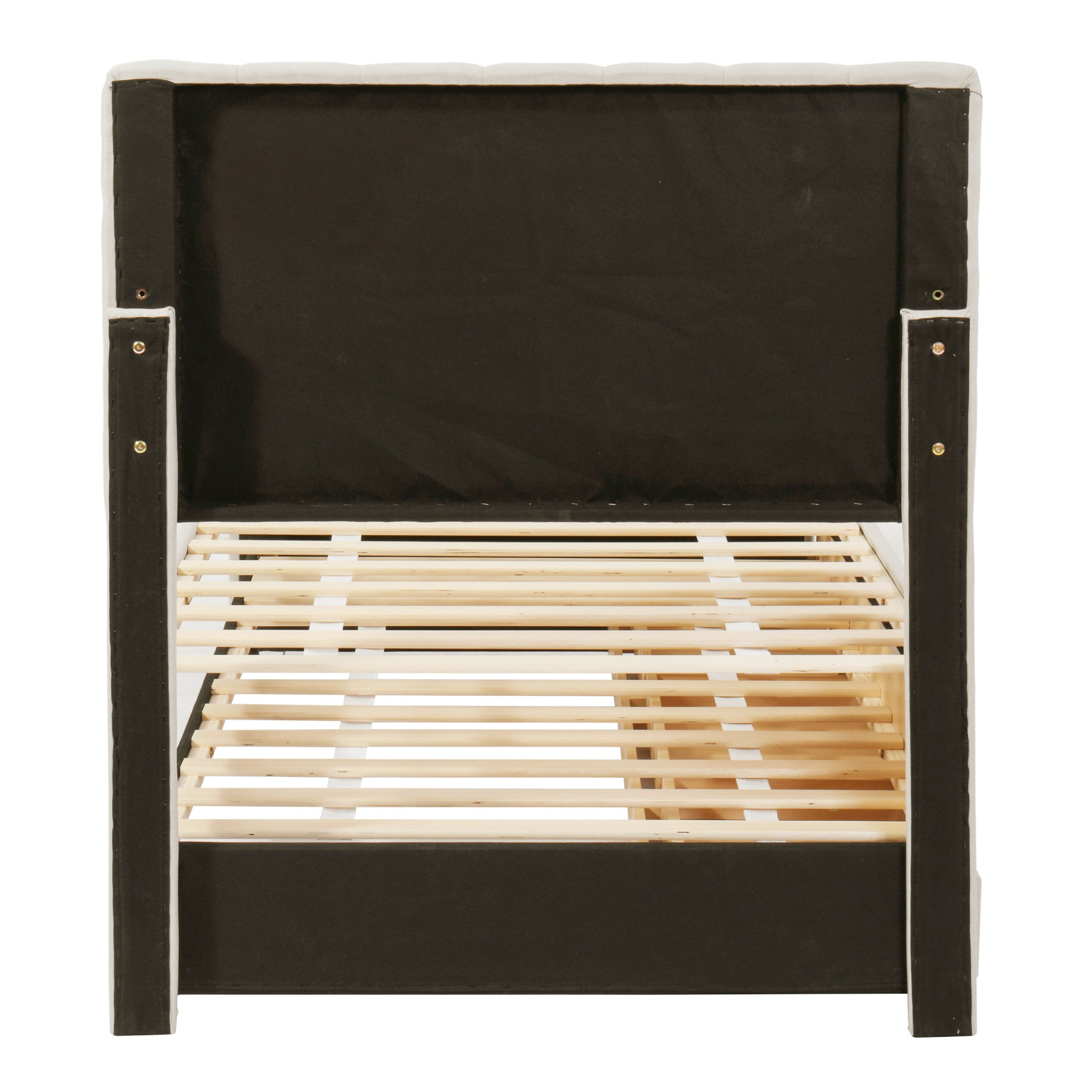 Start2Finish linen fabric upholstered platform bed with trundle and three drawers, showcasing a modern, storage-friendly design.