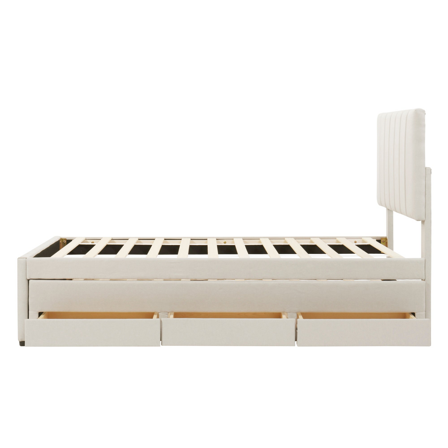 Start2Finish linen fabric upholstered platform bed with trundle and three drawers, showcasing the sleek design and storage features.