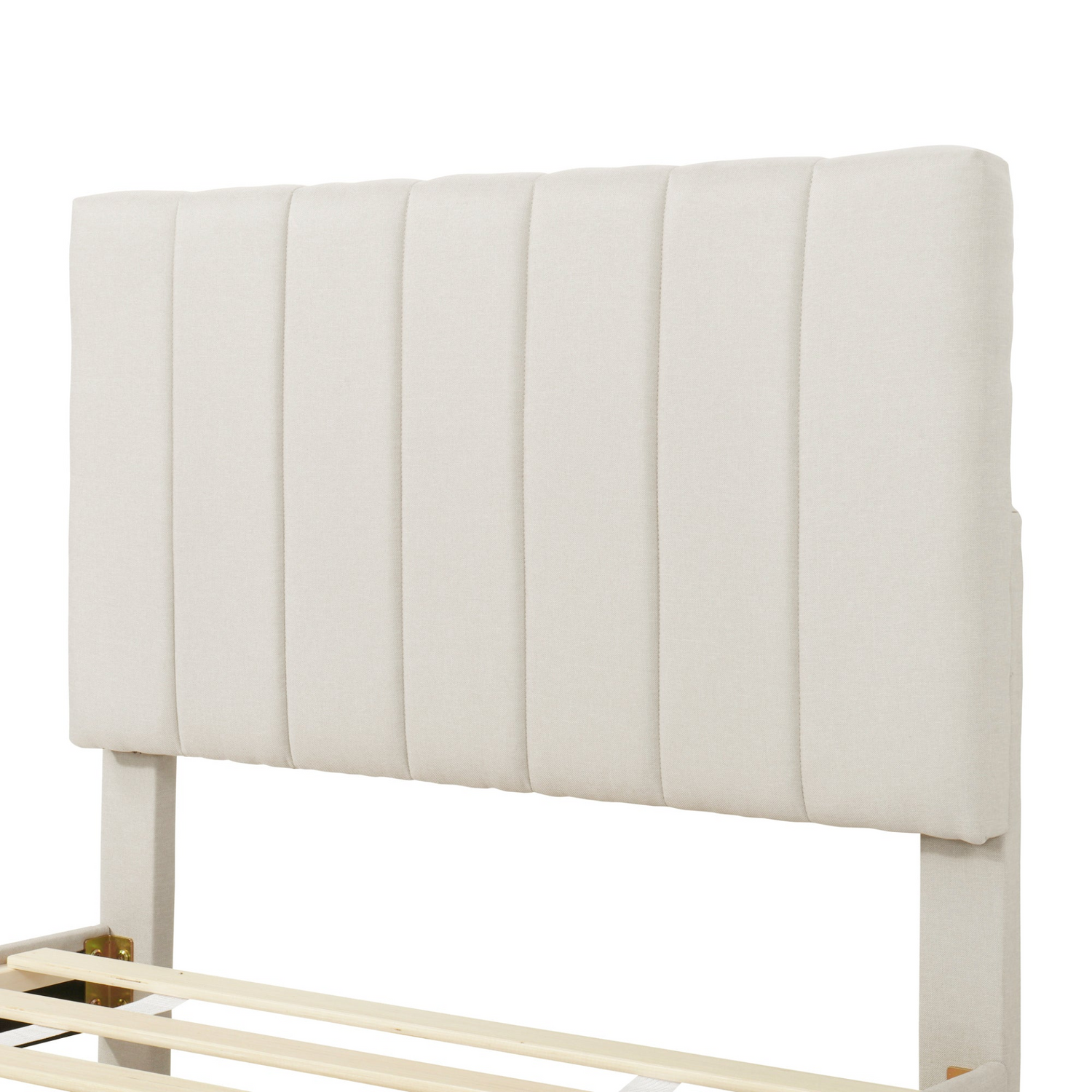 Upholstered platform bed with trundle and three drawers in linen fabric, from Start2Finish, shown with mattress and bedding.