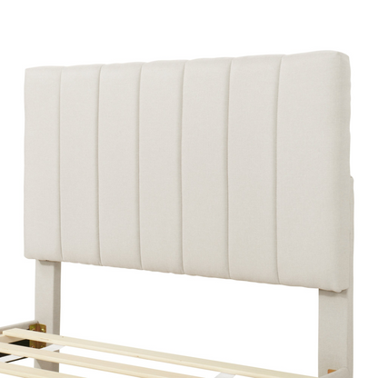 Upholstered platform bed with trundle and three drawers in linen fabric, from Start2Finish, shown with mattress and bedding.