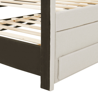 Start2Finish upholstered platform bed with trundle and three drawers, linen fabric finish, modern bedroom furniture.