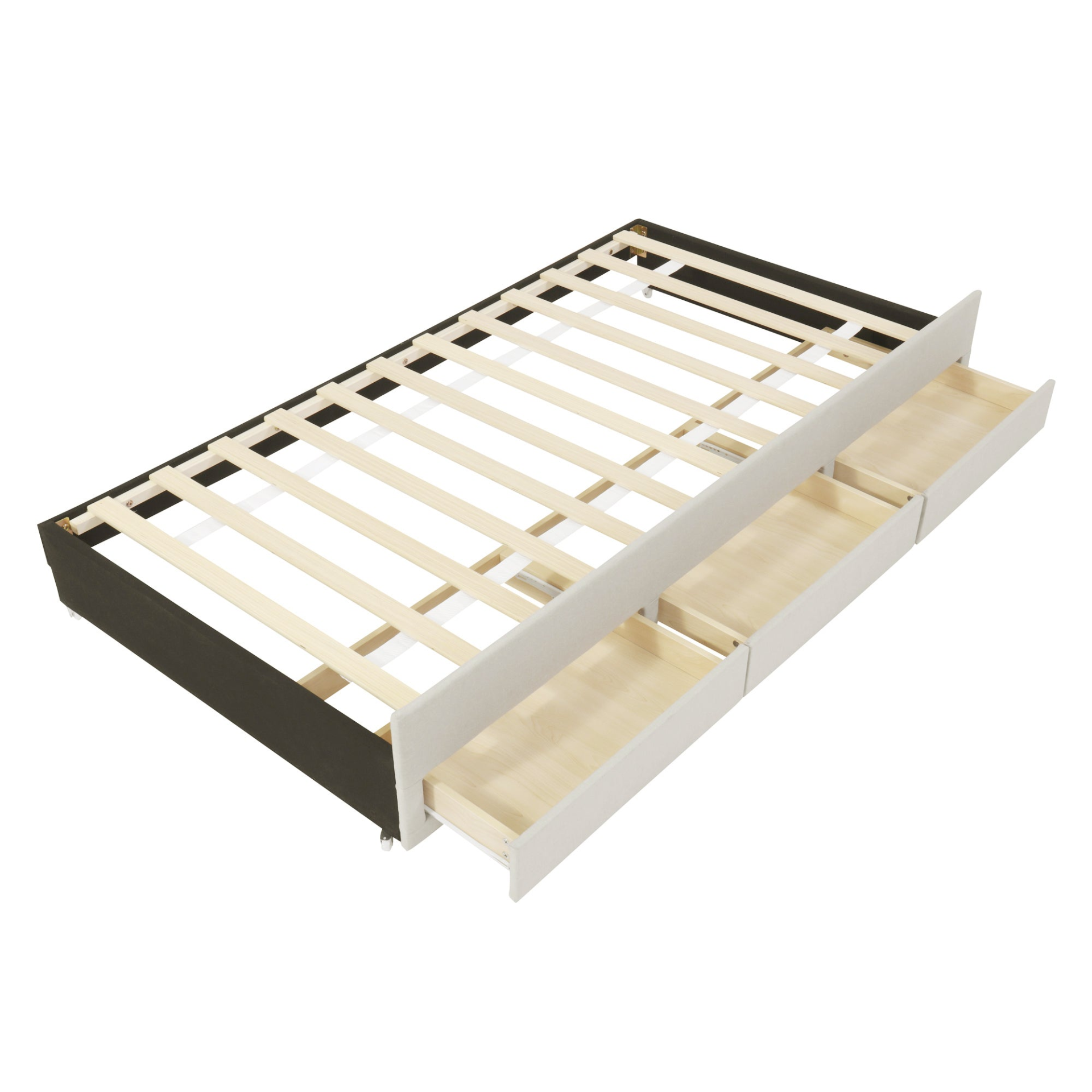 Upholstered platform bed with trundle and three drawers in linen fabric by Start2Finish, showing the bed frame and storage features.