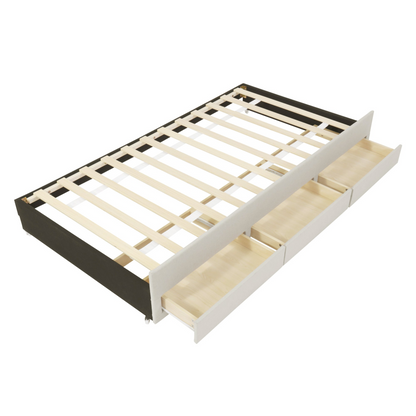 Upholstered platform bed with trundle and three drawers in linen fabric by Start2Finish, showing the bed frame and storage features.