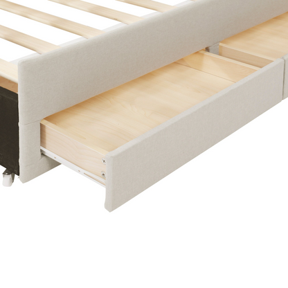 Start2Finish upholstered platform bed with trundle and three drawers, linen fabric finish, showcasing the bed frame and storage features.