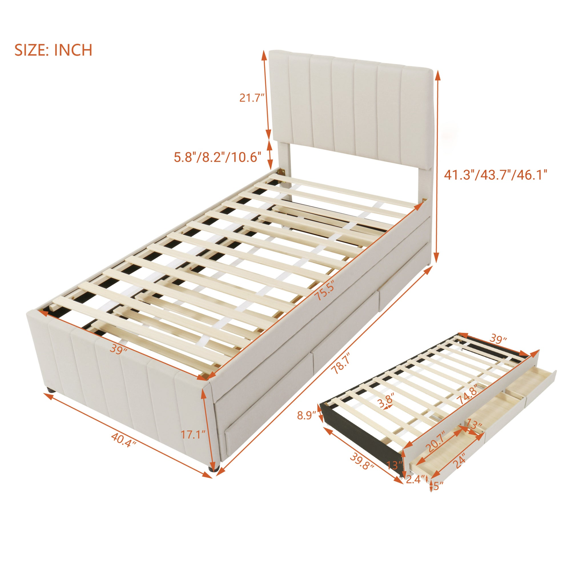 Start2Finish upholstered platform bed with trundle, three drawers, linen fabric finish, showcasing the bed&