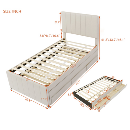 Start2Finish upholstered platform bed with trundle, three drawers, linen fabric finish, showcasing the bed&