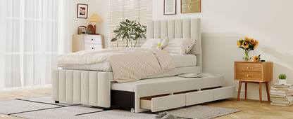 Start2Finish linen fabric upholstered platform bed with trundle and three drawers, showcasing its sleek, modern design.