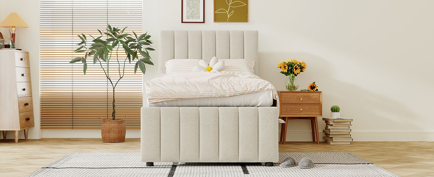 Start2Finish upholstered platform bed with trundle and three drawers in linen fabric, showcasing its modern design and storage features.