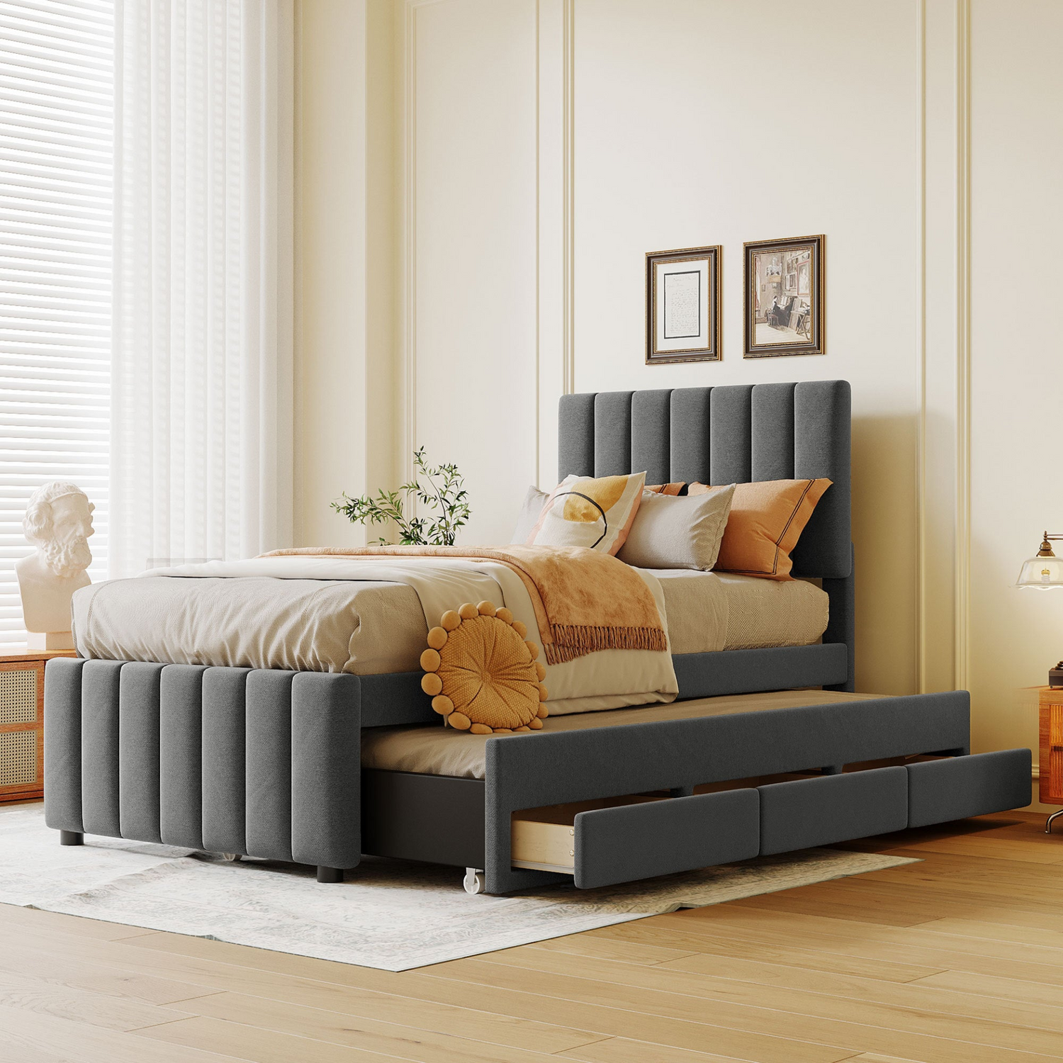 Start2Finish upholstered platform bed with trundle, three drawers, linen fabric finish, showcasing a modern bedroom setup