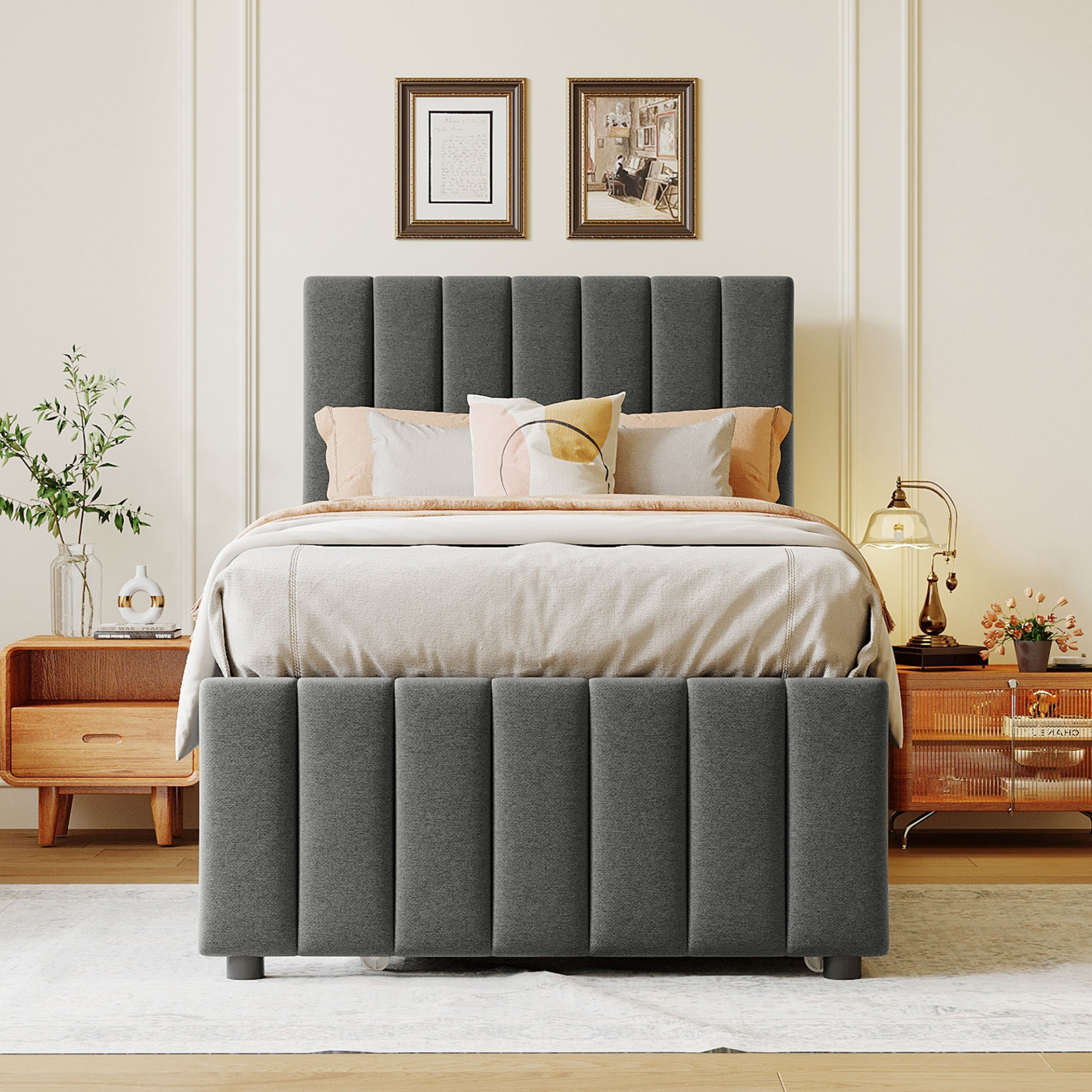 Start2Finish linen fabric upholstered platform bed with trundle and three drawers, showcasing its storage and stylish design.