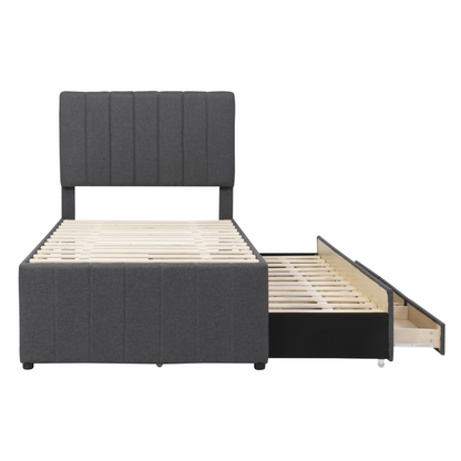Start2Finish linen fabric upholstered platform bed with trundle and three drawers, showing the bed frame and storage features.