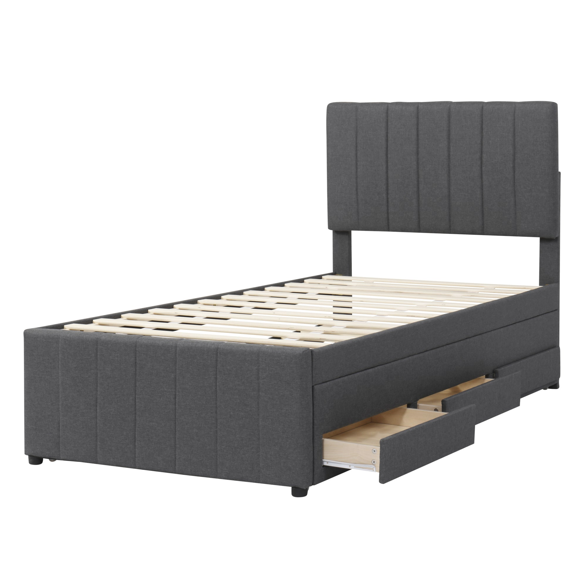 Start2Finish upholstered platform bed with trundle, three drawers, linen fabric finish, showcasing the bed frame and storage features.