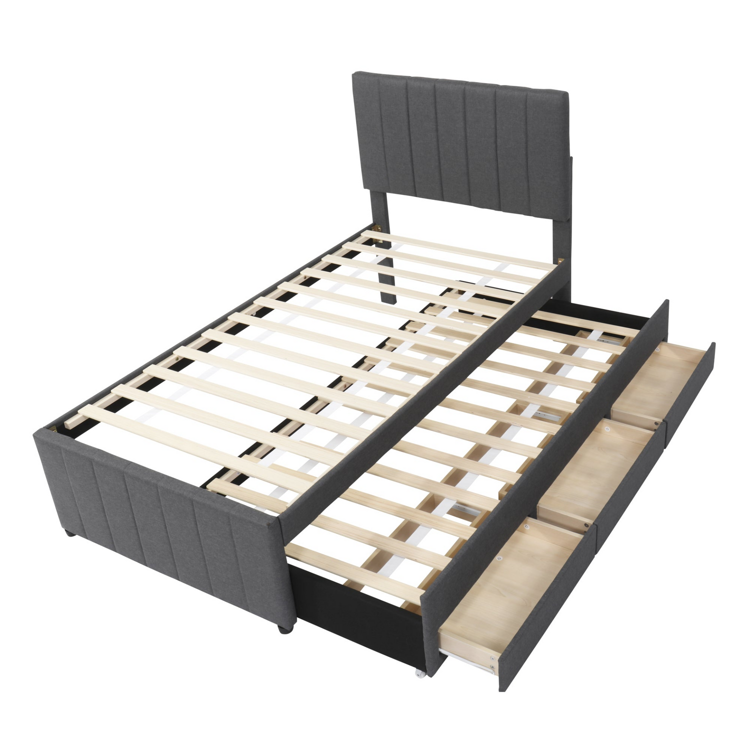 Upholstered platform bed with trundle and three drawers in linen fabric, by Start2Finish, showcasing the bed frame and storage features.