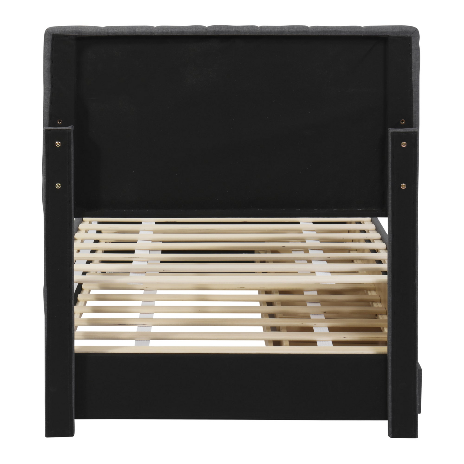 Start2Finish upholstered platform bed with trundle and three drawers, linen fabric finish, showcasing a modern bedroom setup