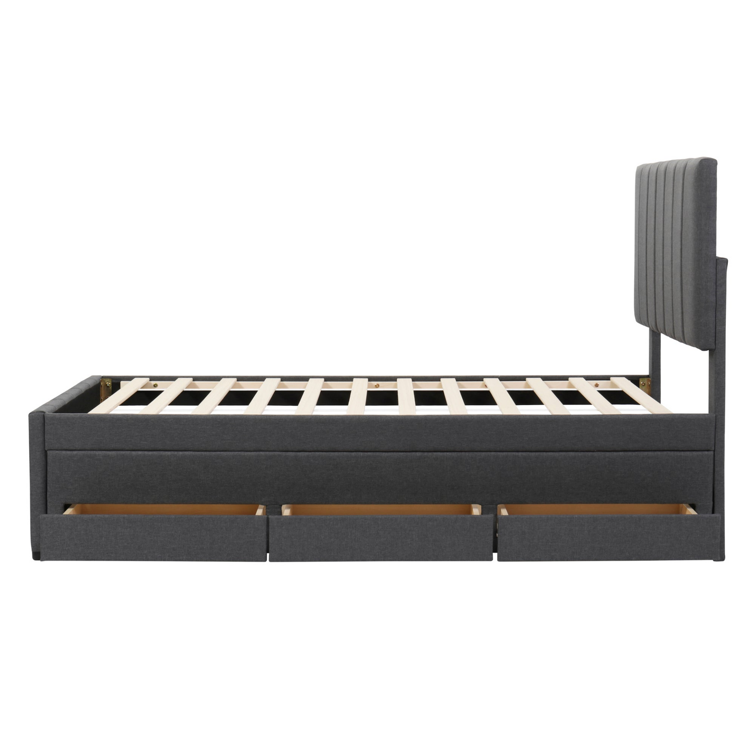 Start2Finish upholstered platform bed with trundle and 3 drawers in linen fabric, showcasing its stylish design and storage features.