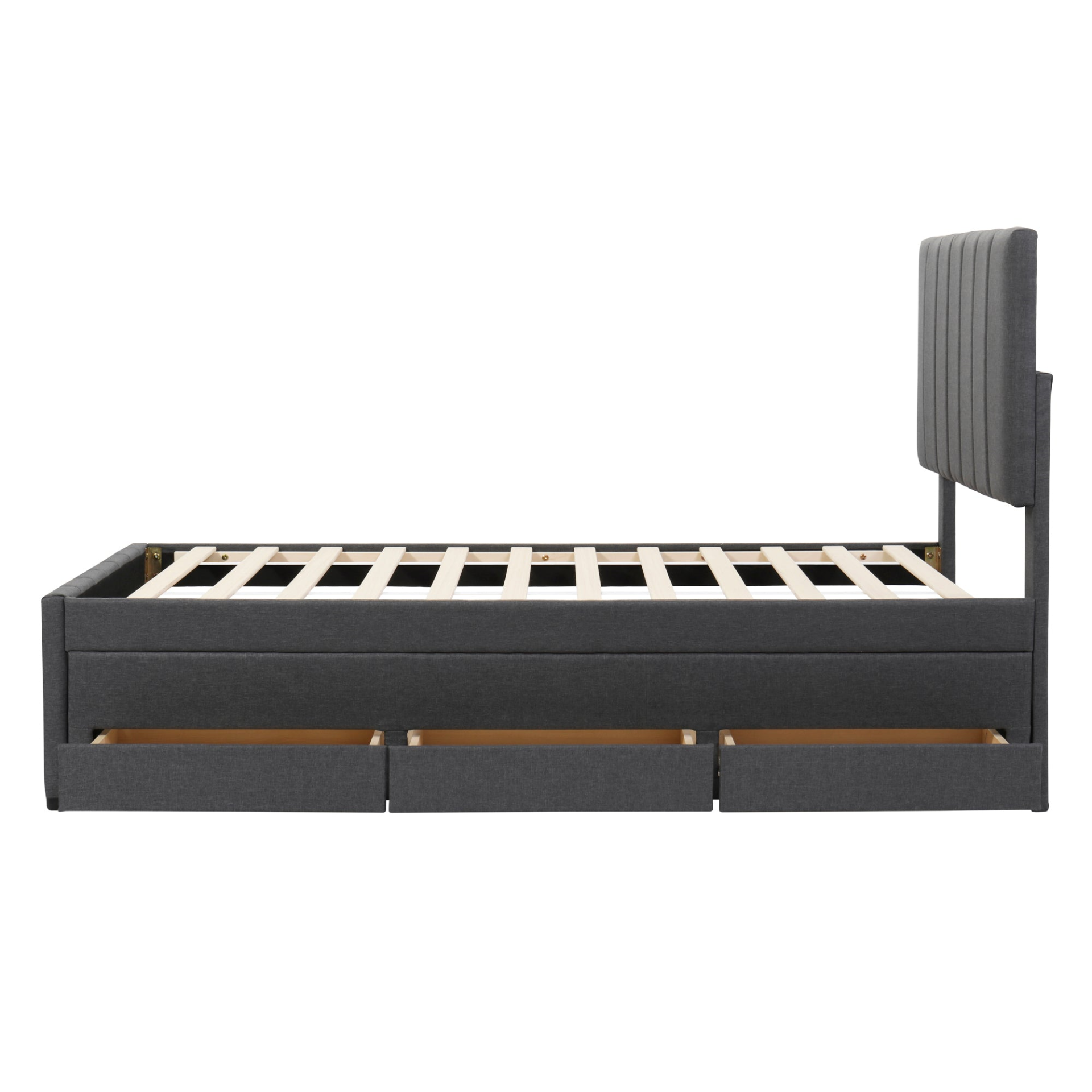 Start2Finish upholstered platform bed with trundle and 3 drawers in linen fabric, showcasing its stylish design and storage features.