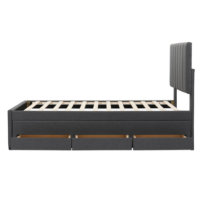 Start2Finish upholstered platform bed with trundle and 3 drawers in linen fabric, showcasing its stylish design and storage features.