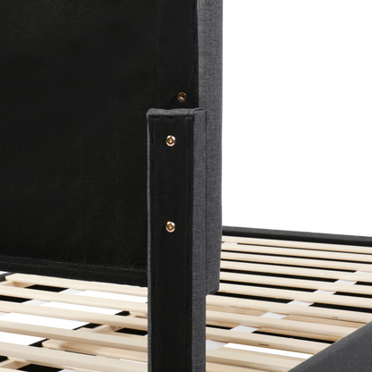 Start2Finish upholstered platform bed with trundle and three drawers, linen fabric finish, showcasing a modern bedroom setup.
