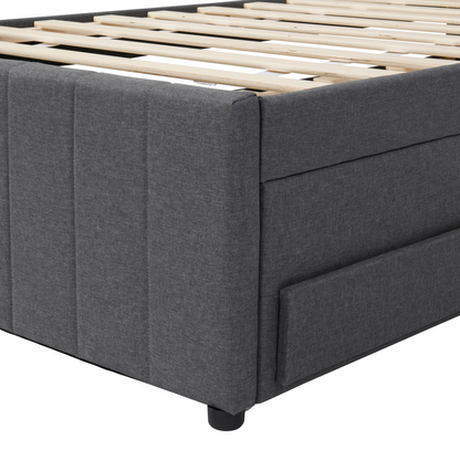 Upholstered platform bed with trundle and three drawers in linen fabric, featuring a modern design and sturdy wooden frame.