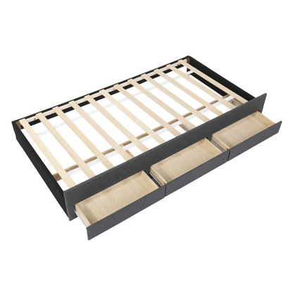 Start2Finish upholstered platform bed with trundle, three drawers, linen fabric finish, showcasing a modern bedroom furniture piece.