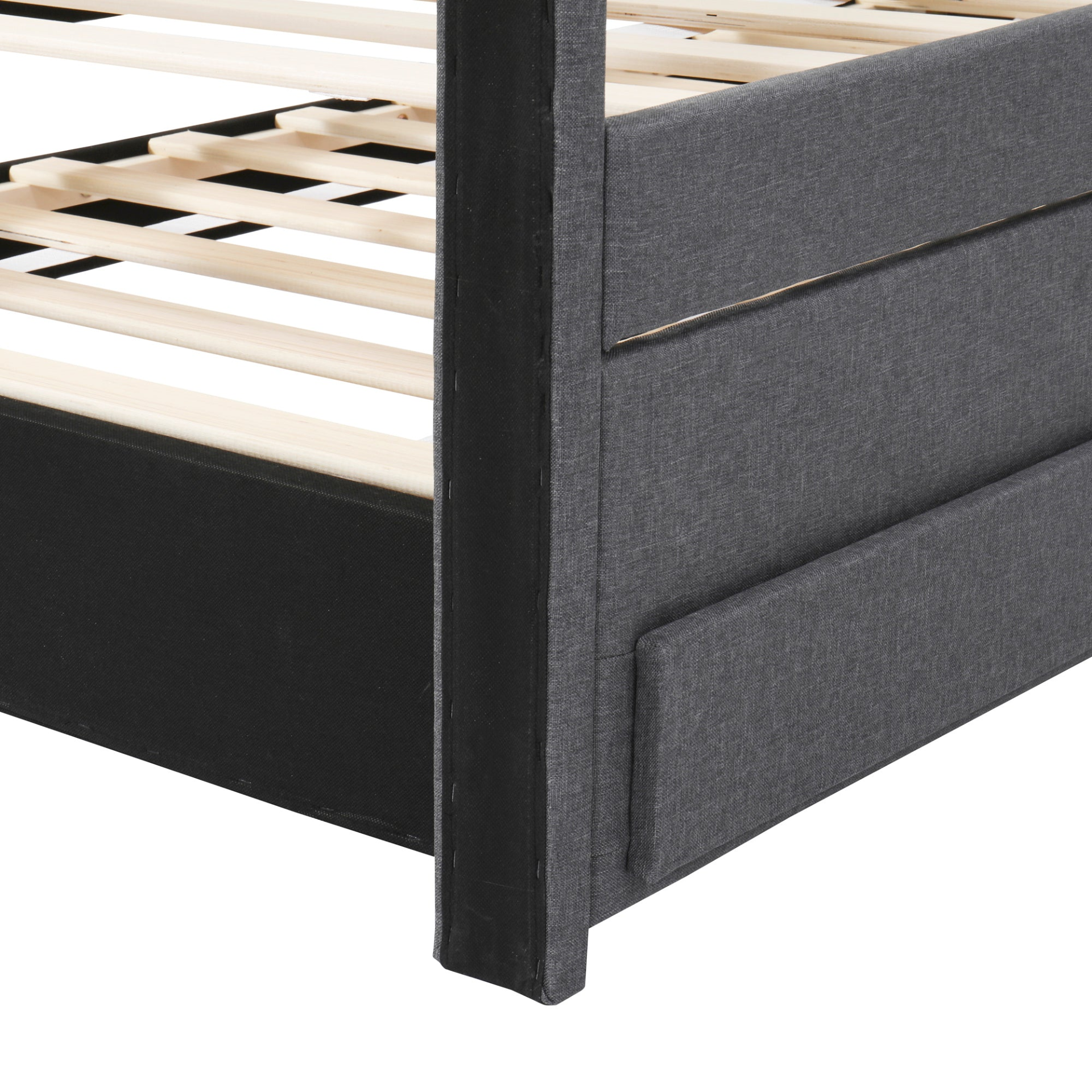 Start2Finish upholstered platform bed with trundle and three drawers, linen fabric finish, modern bedroom furniture.