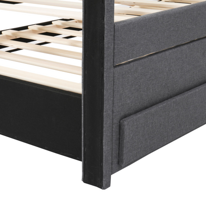 Start2Finish upholstered platform bed with trundle and three drawers, linen fabric finish, modern bedroom furniture.