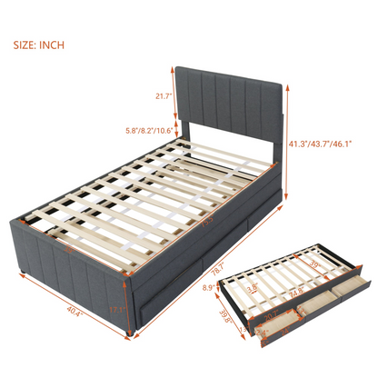 Start2Finish upholstered platform bed with trundle and three drawers in linen fabric, showing the bed frame and storage features.