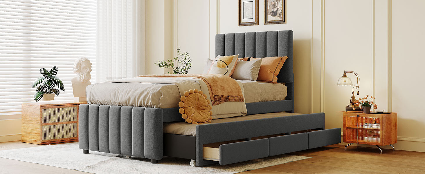 Start2Finish upholstered platform bed with trundle and three drawers in linen fabric, showcasing a modern bedroom furniture piece.