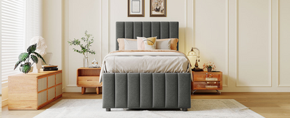 Start2Finish upholstered platform bed with trundle and three drawers in linen fabric, showcasing a modern bedroom furniture design.