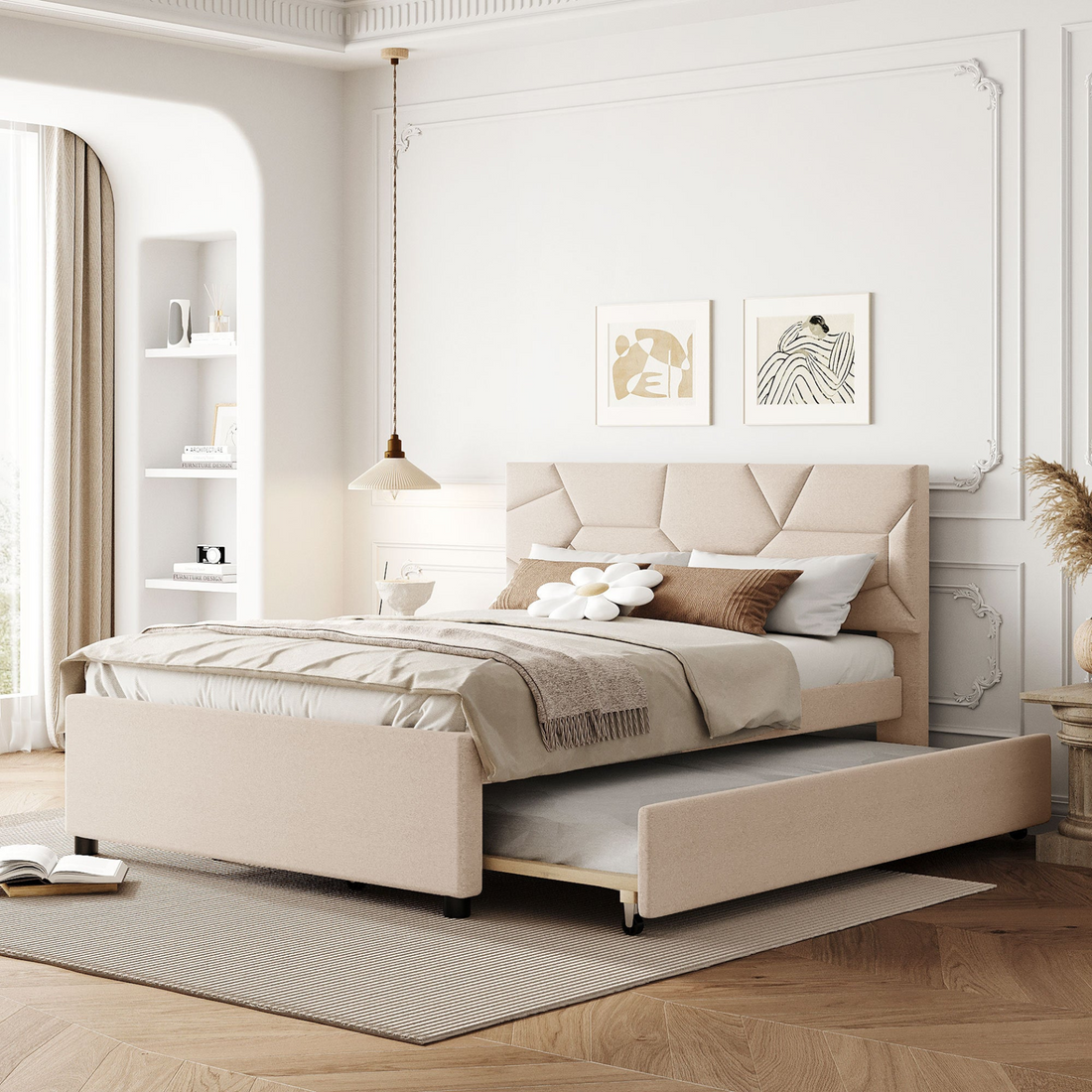 Start2Finish upholstered platform bed with brick-patterned headboard, linen fabric, and built-in trundle for sleeping and style.