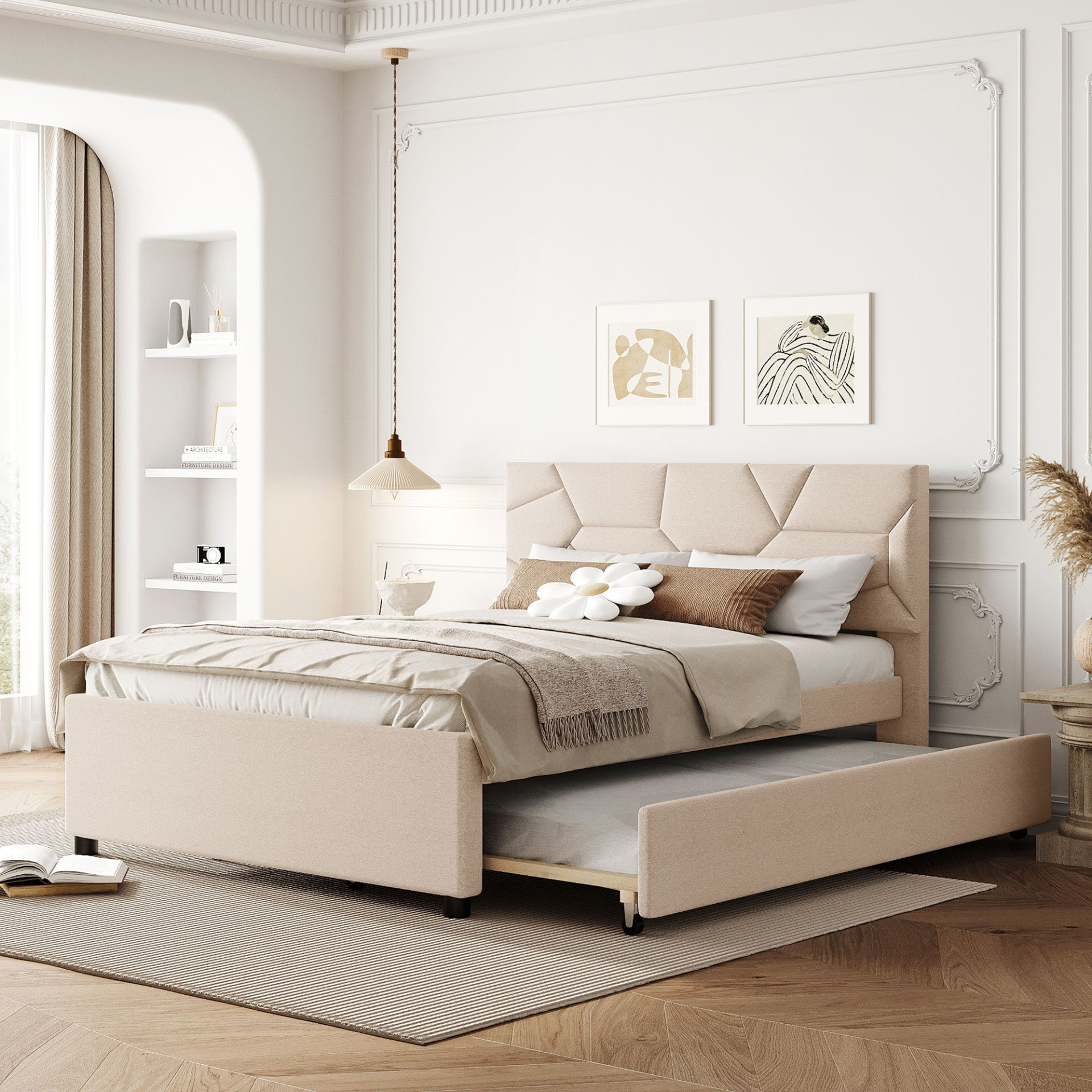 Start2Finish upholstered platform bed with brick-patterned headboard, linen fabric, and built-in trundle for sleeping and style.