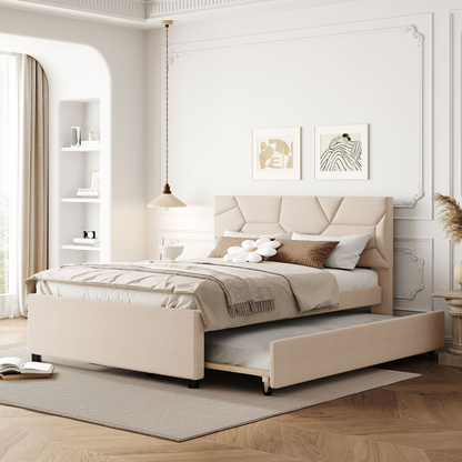 Start2Finish upholstered platform bed with brick-patterned headboard, linen fabric, and built-in trundle for sleeping and style.