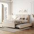 Start2Finish upholstered platform bed with brick-patterned headboard, linen fabric, and built-in trundle for sleeping and style.