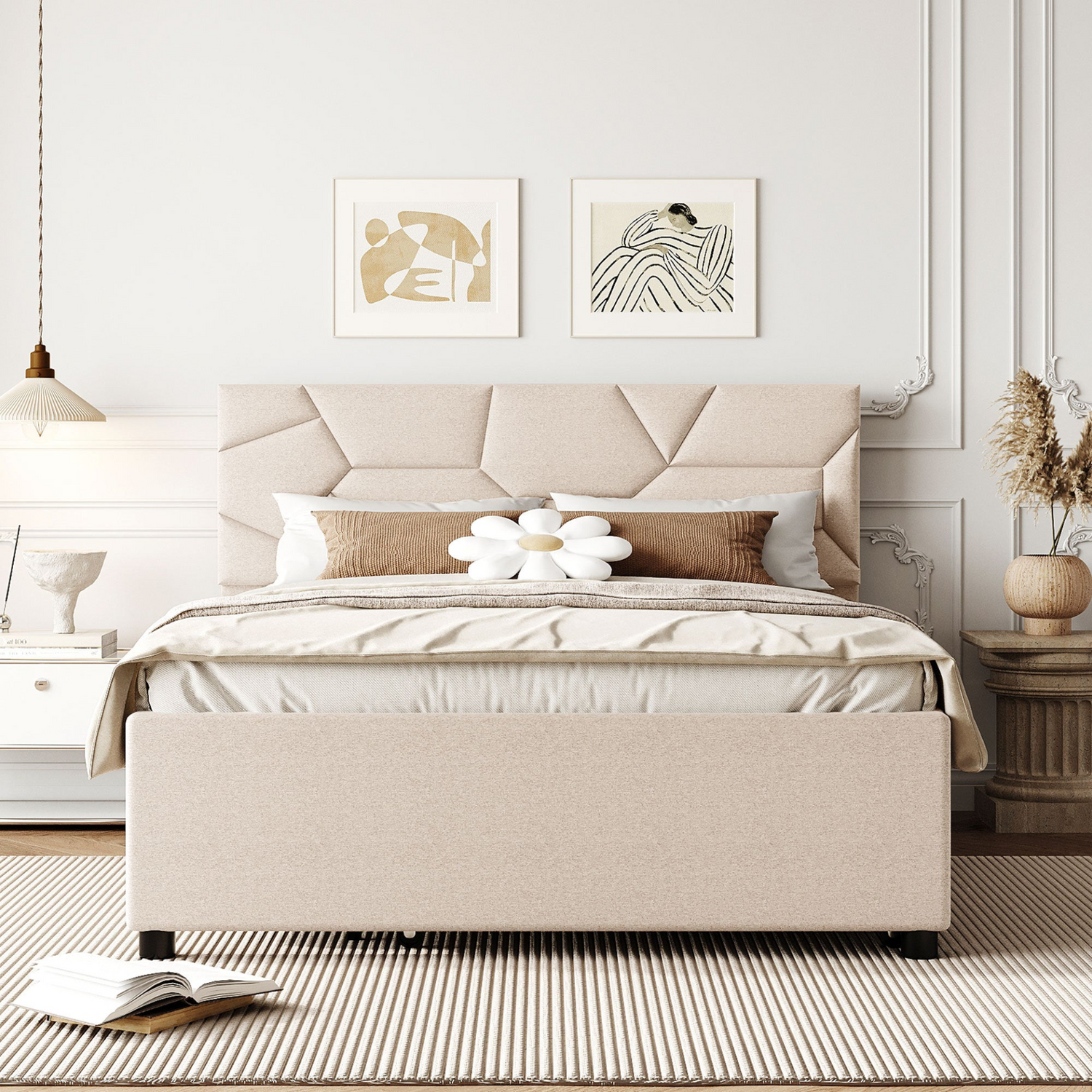 Start2Finish upholstered platform bed with brick-patterned headboard, linen fabric, and built-in trundle for versatile bedroom decor.