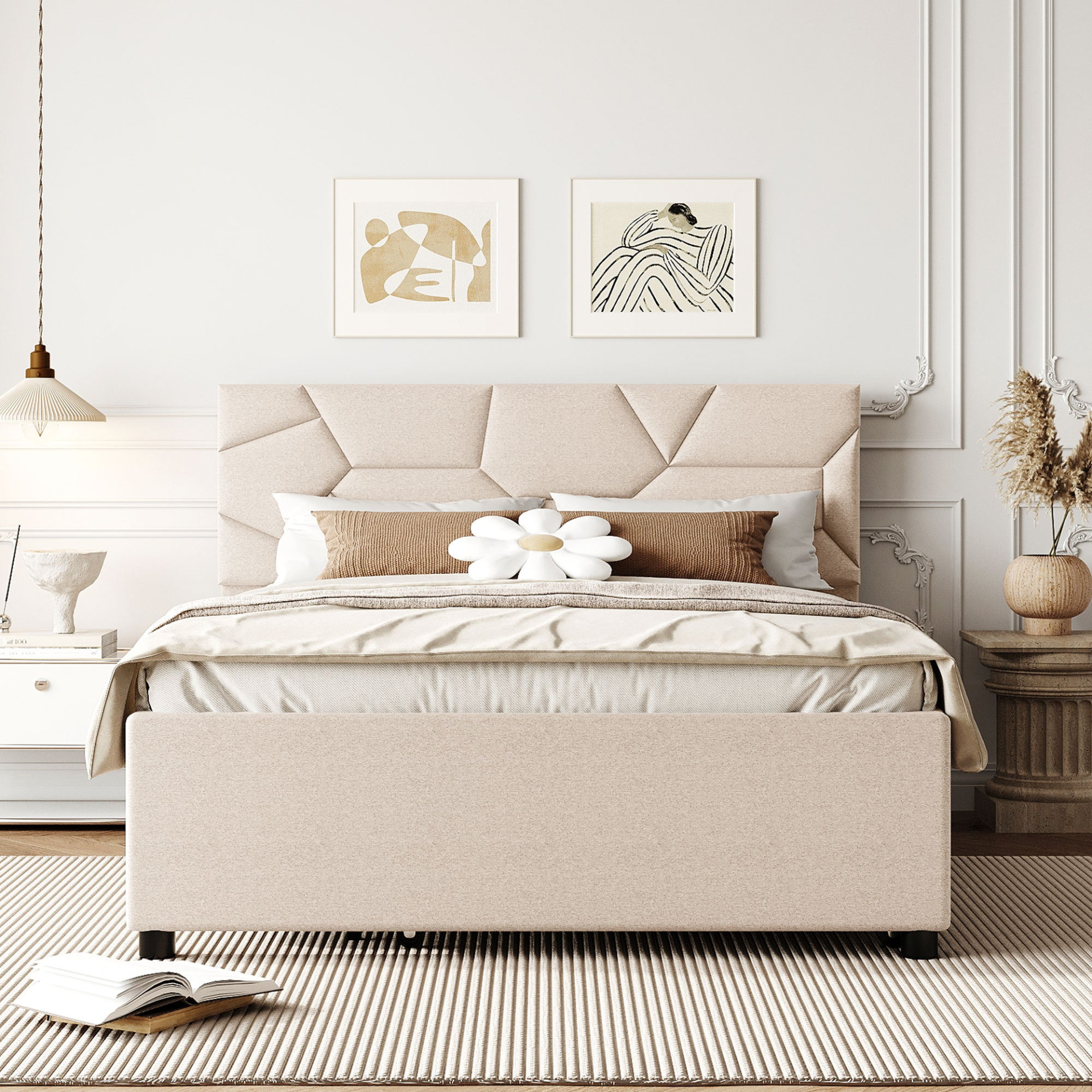 Start2Finish upholstered platform bed with brick-patterned headboard, linen fabric, and built-in trundle for versatile bedroom decor.