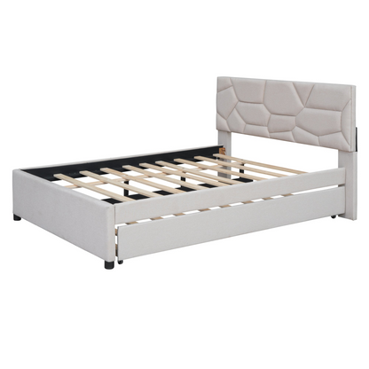 Start2Finish upholstered platform bed with brick-pattern headboard and trundle in linen fabric, showcasing a modern bedroom design.