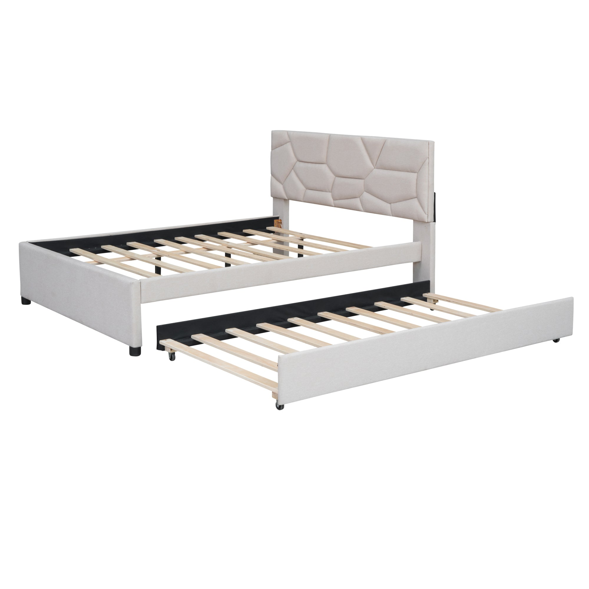 Start2Finish upholstered platform bed with brick-patterned headboard, linen fabric, and built-in trundle for versatile sleeping arrangements.